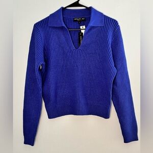 Central Park West Womens V Neck Collared Sweater Royal Blue Textured Size Large